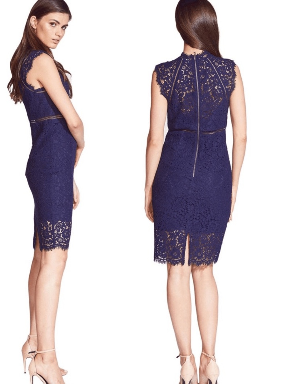 Bardot Revolve Elise Lace Panel Cocktail Dress Navy High Neck Sheath US 6